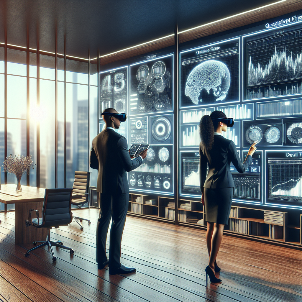 Futuristic quantitative finance office with team using VR headsets and digital monitors.