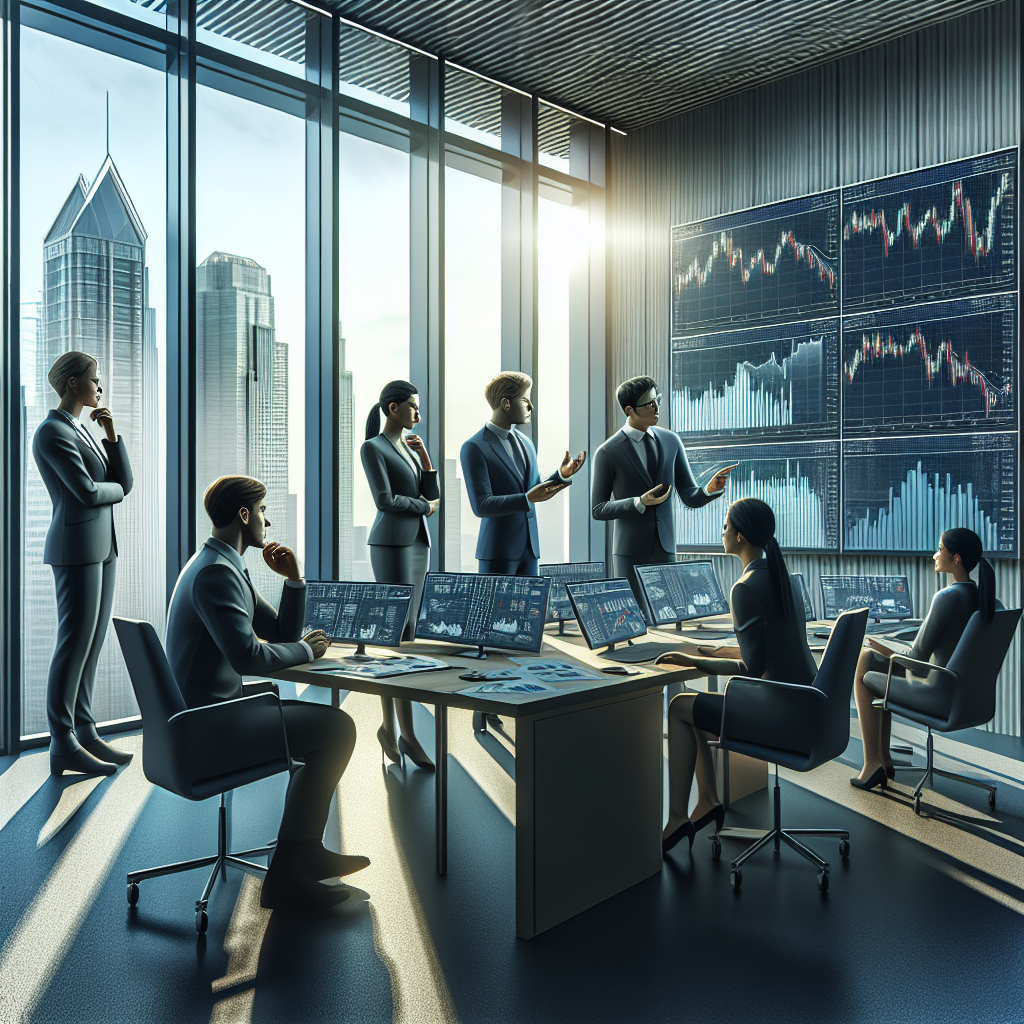Business professionals in an office analyzing financial data on screens.