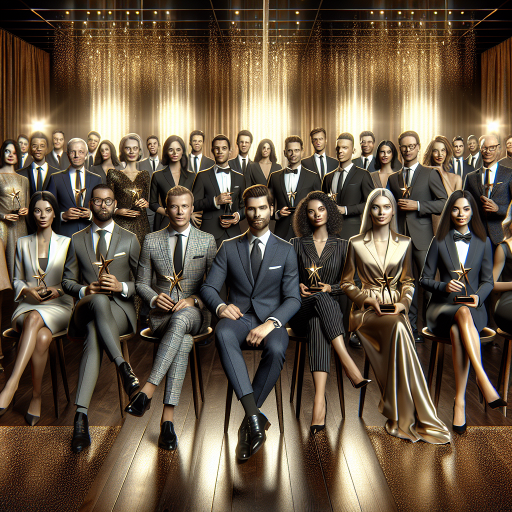 A prestigious award ceremony for entrepreneurs, featuring diverse business people in elegant attire.