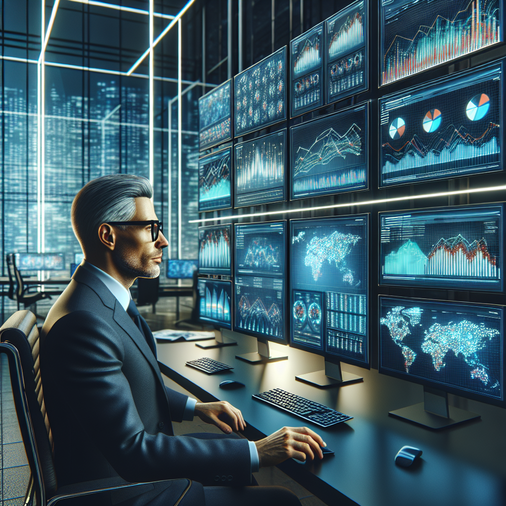 A modern financial office with charts on screens, an analyst in focus.