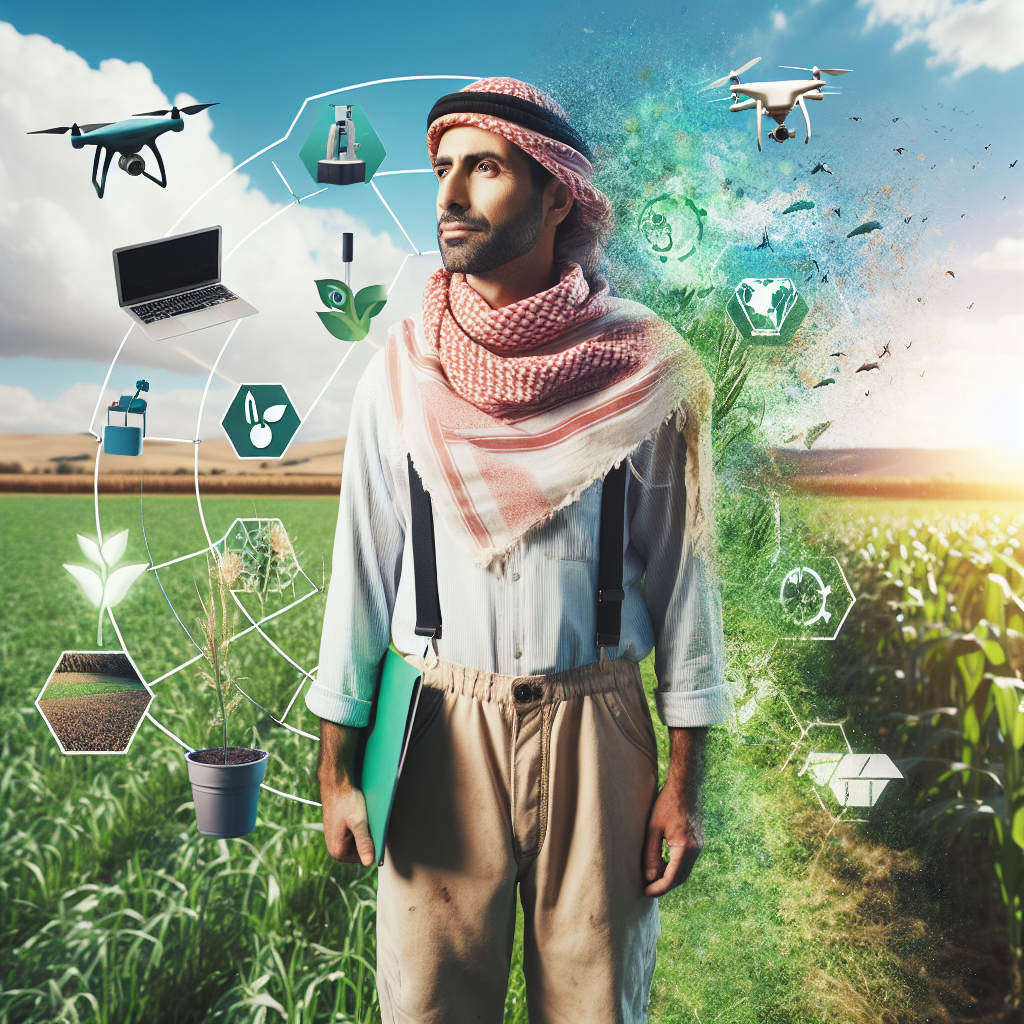 A rural entrepreneur in a green field with traditional and modern elements.