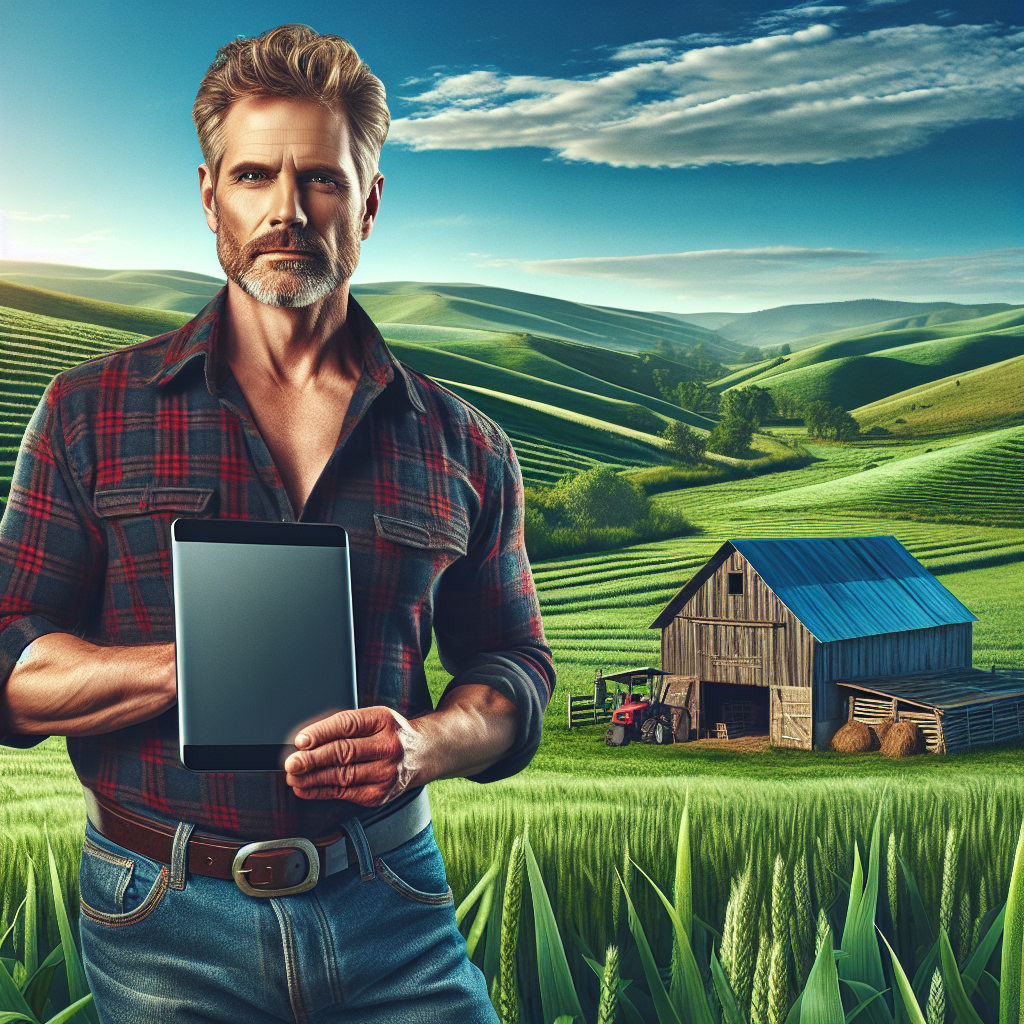 A rural entrepreneur with a tablet in front of a barn, symbolizing digital innovation in agriculture.
