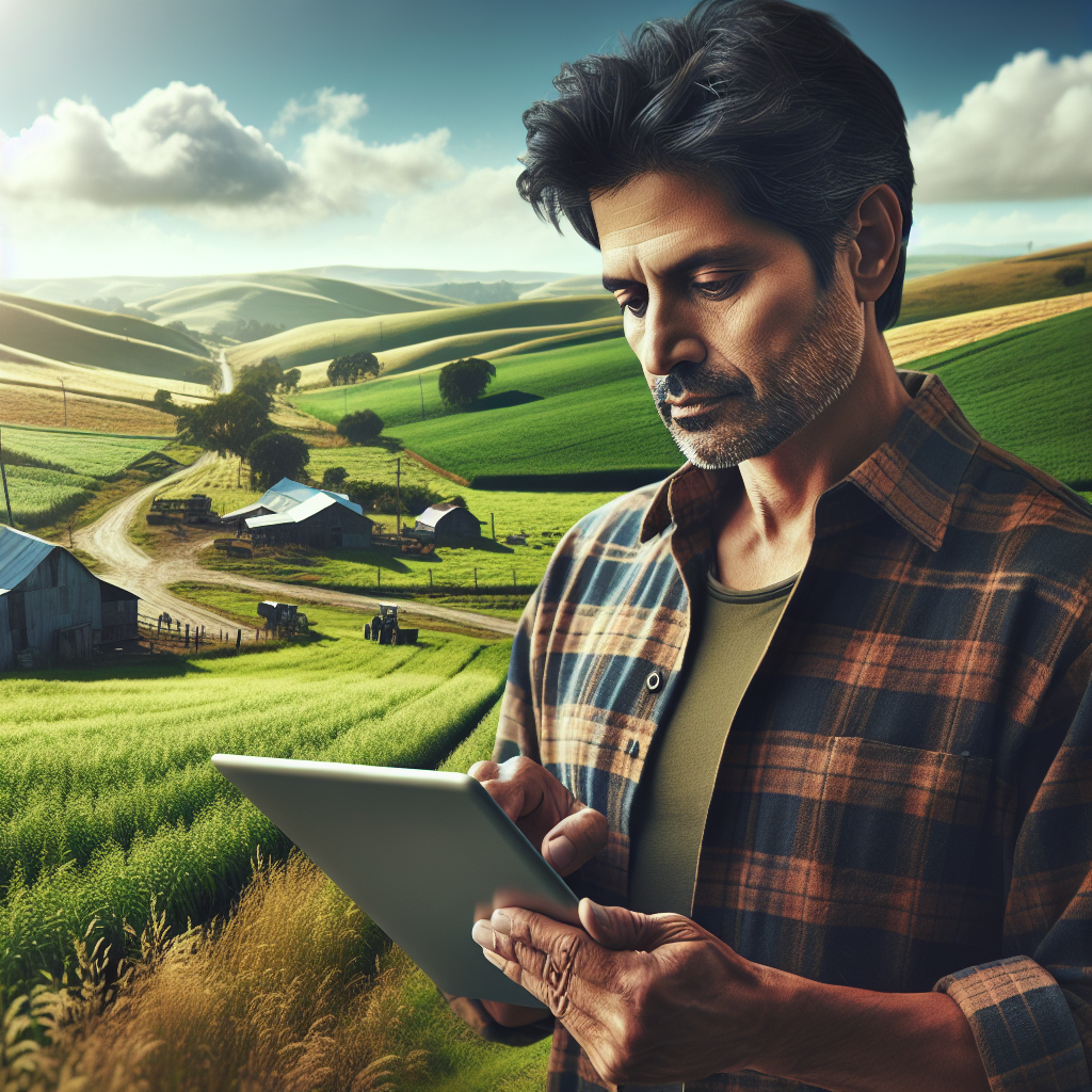 A rural entrepreneur with a tablet, standing in a scenic countryside setting.
