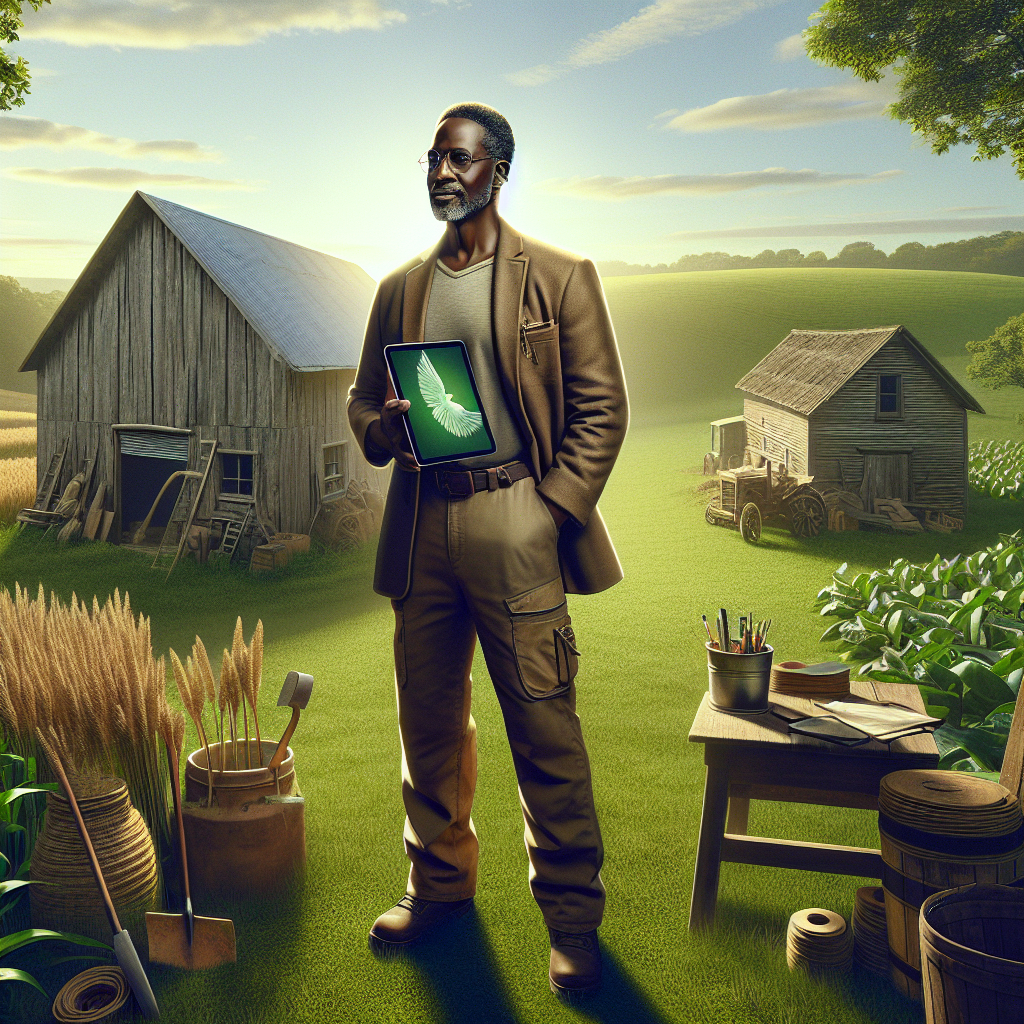 A realistic depiction of a rural entrepreneur standing in a field, combining traditional and technological elements.