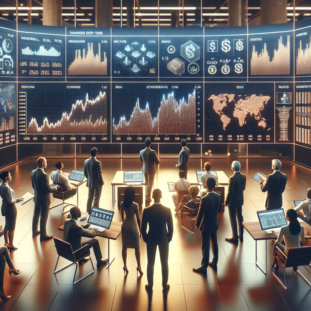 Investors examining digital screens showing data representing a weighted average investment strategy in a tech office.