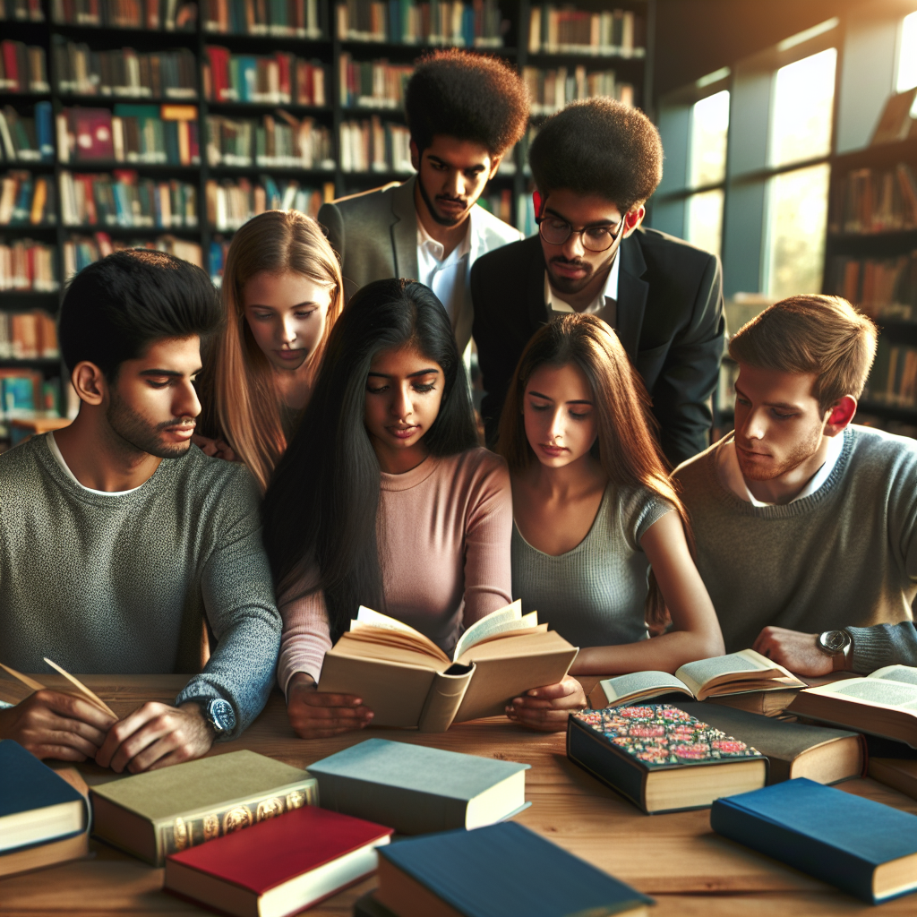 Diverse students studying NCERT Entrepreneurship Book in a warmly lit library.