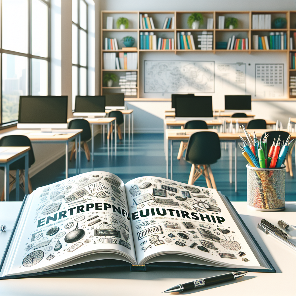 A realistic illustration of an NCERT Entrepreneurship Book in a classroom setting.