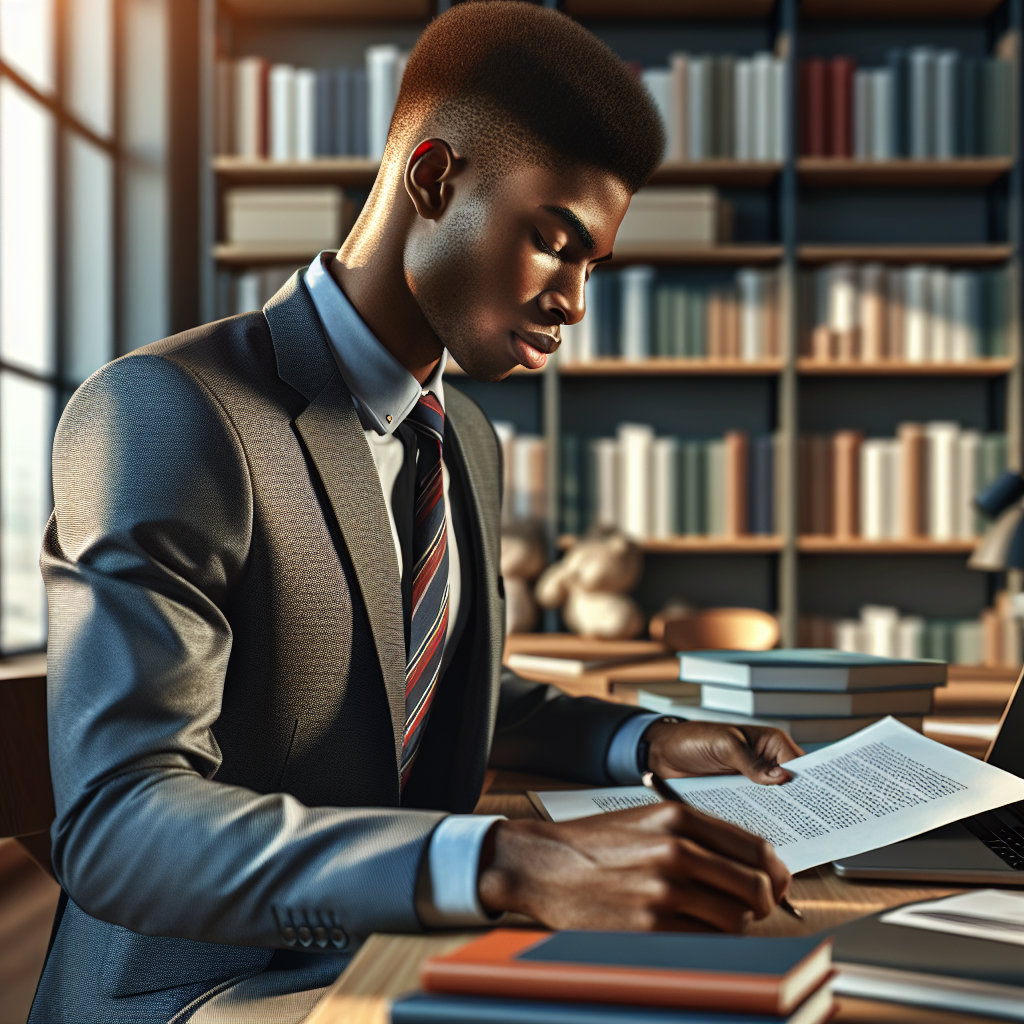 Young entrepreneur studying KNEC past papers in a modern study room.