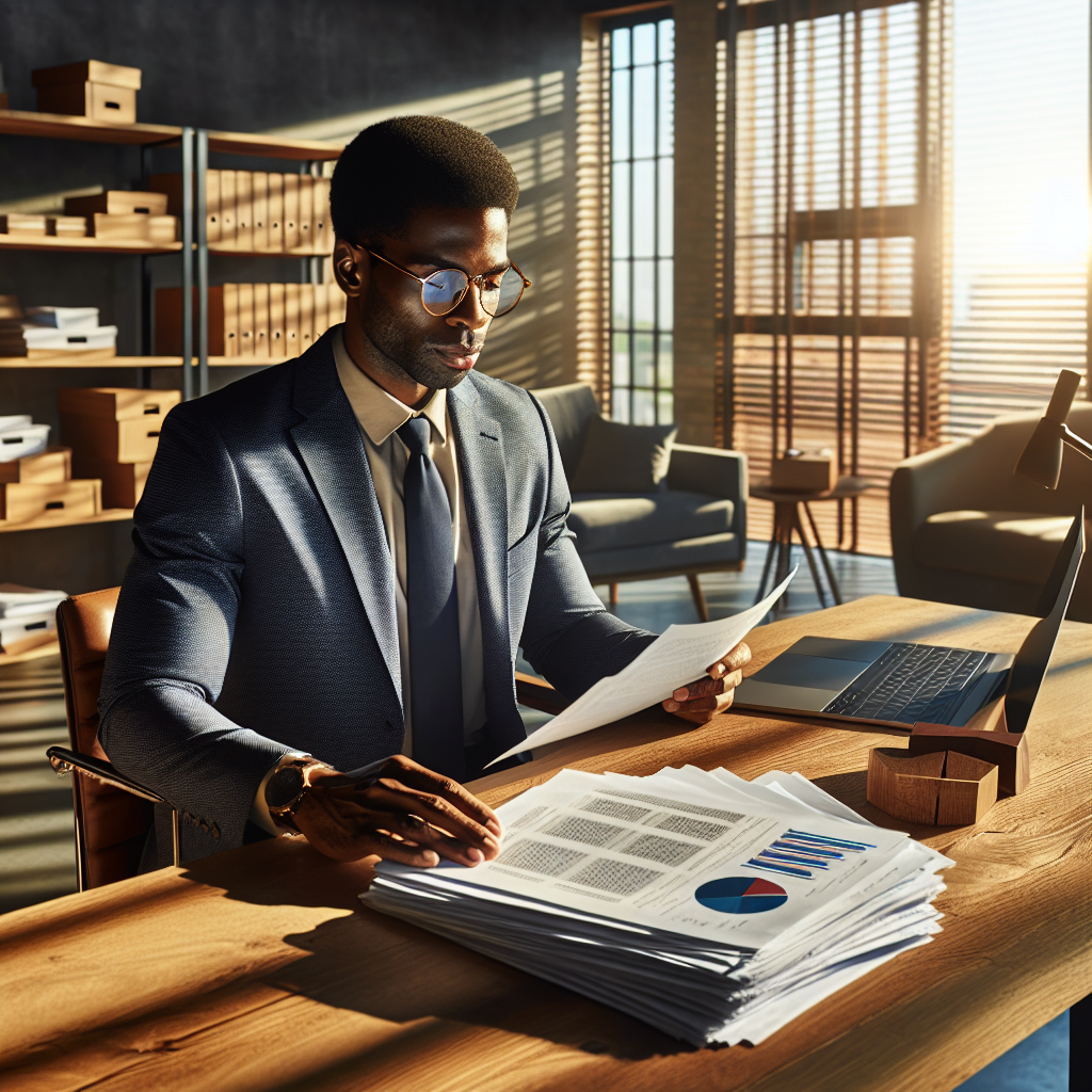An entrepreneur examining KNEC past papers on a desk in a modern office.
