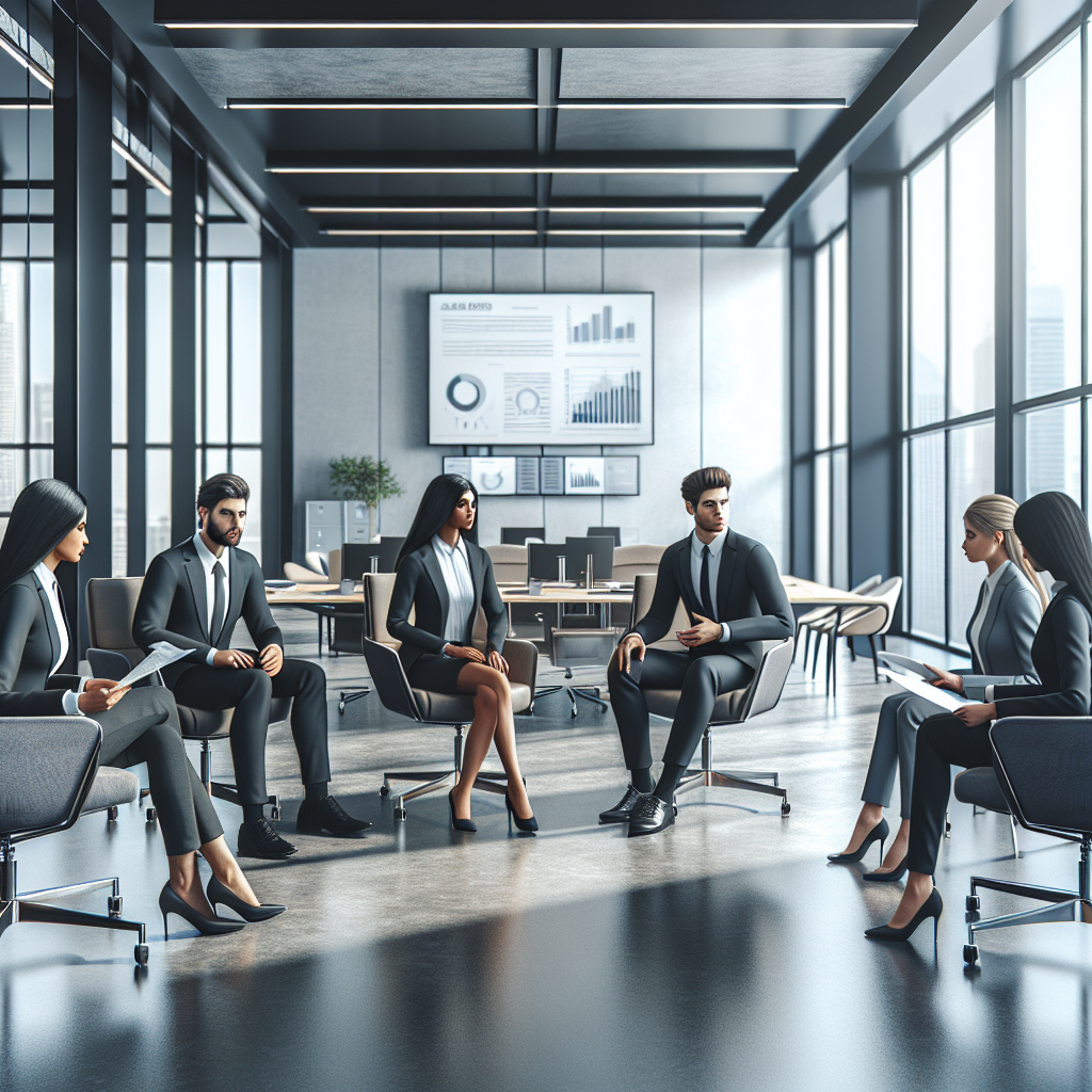 Diverse group of business professionals discussing salary trends in a modern office.