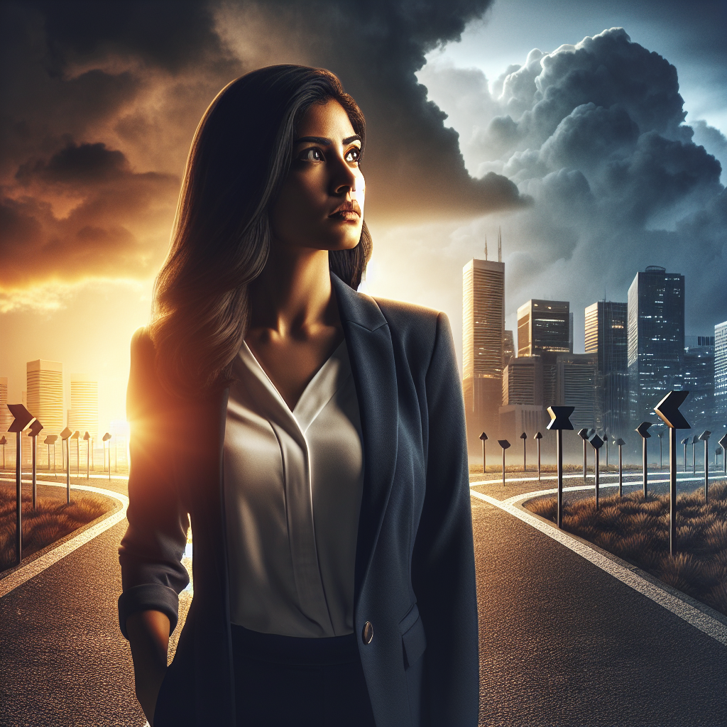 A symbolic image of an entrepreneur standing at a crossroads, representing opportunities and challenges.