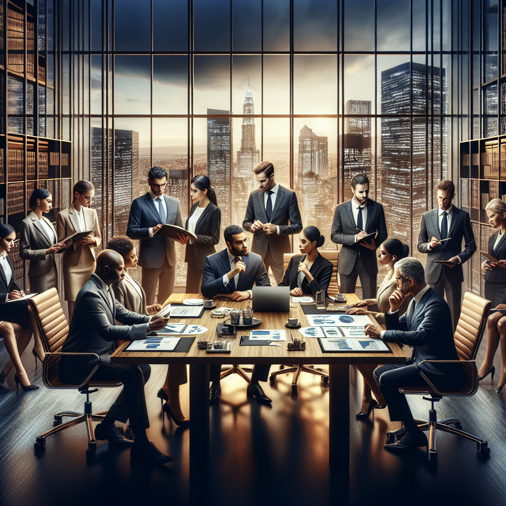 Diverse business professionals in a corporate office discussing around a table with cityscape view.