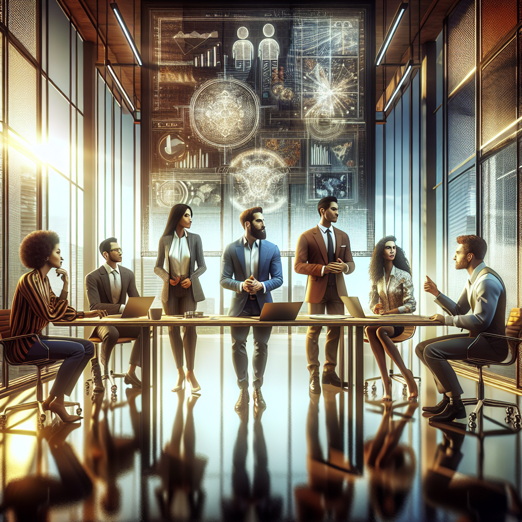 Group of entrepreneurs brainstorming in a modern workspace, symbolizing innovation and collaboration.