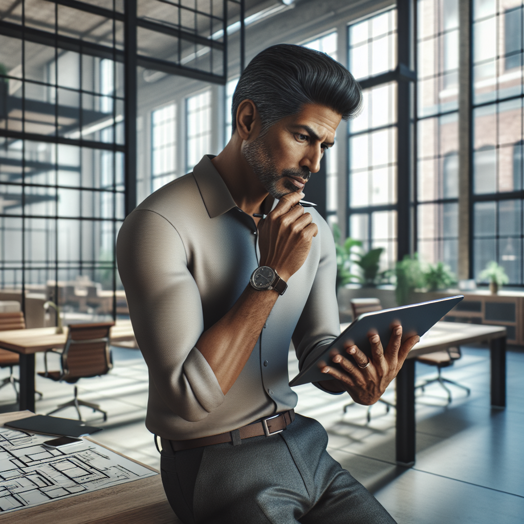 An entrepreneur in a modern open office sketching on a digital tablet.