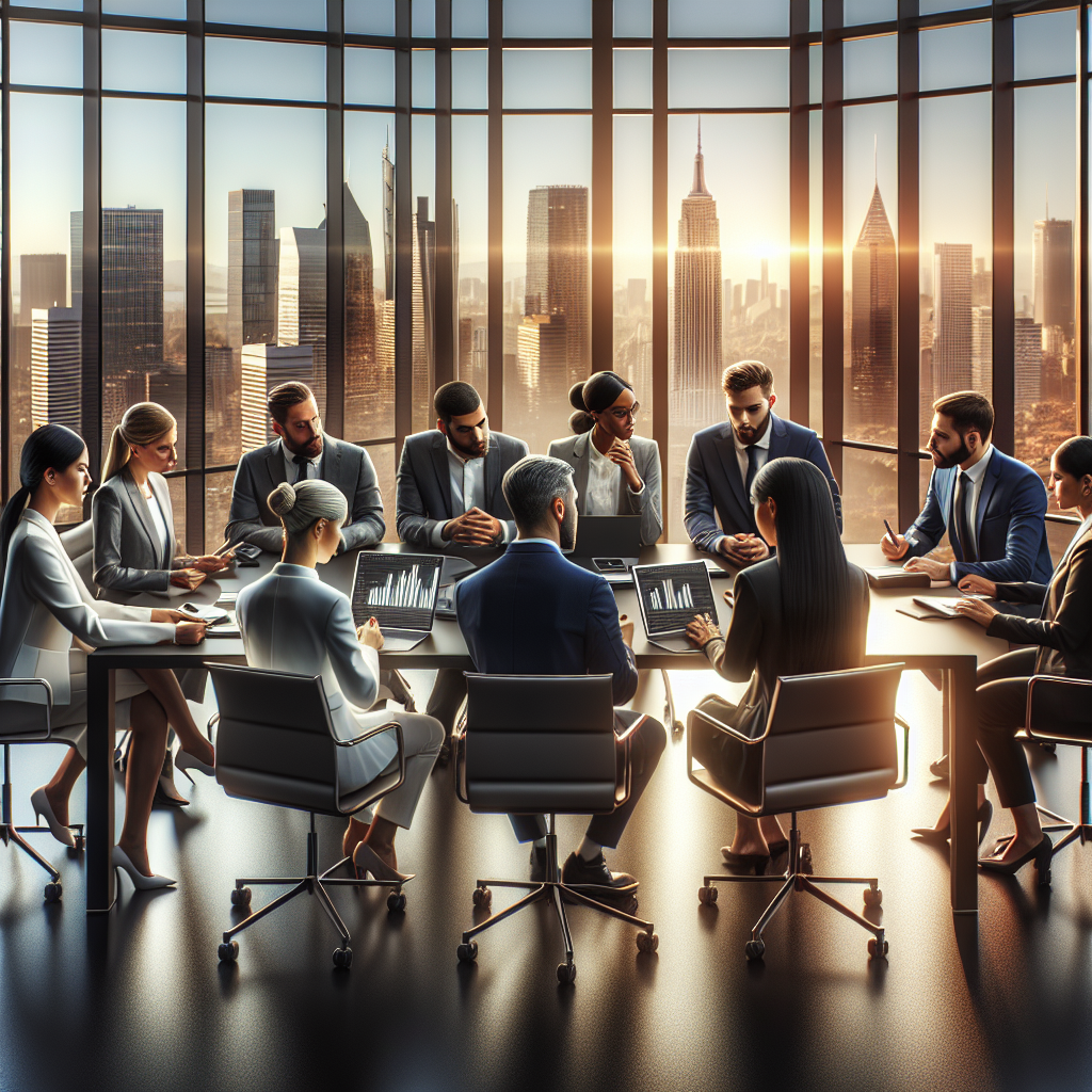 Business professionals discussing salary trends in a modern office setting.