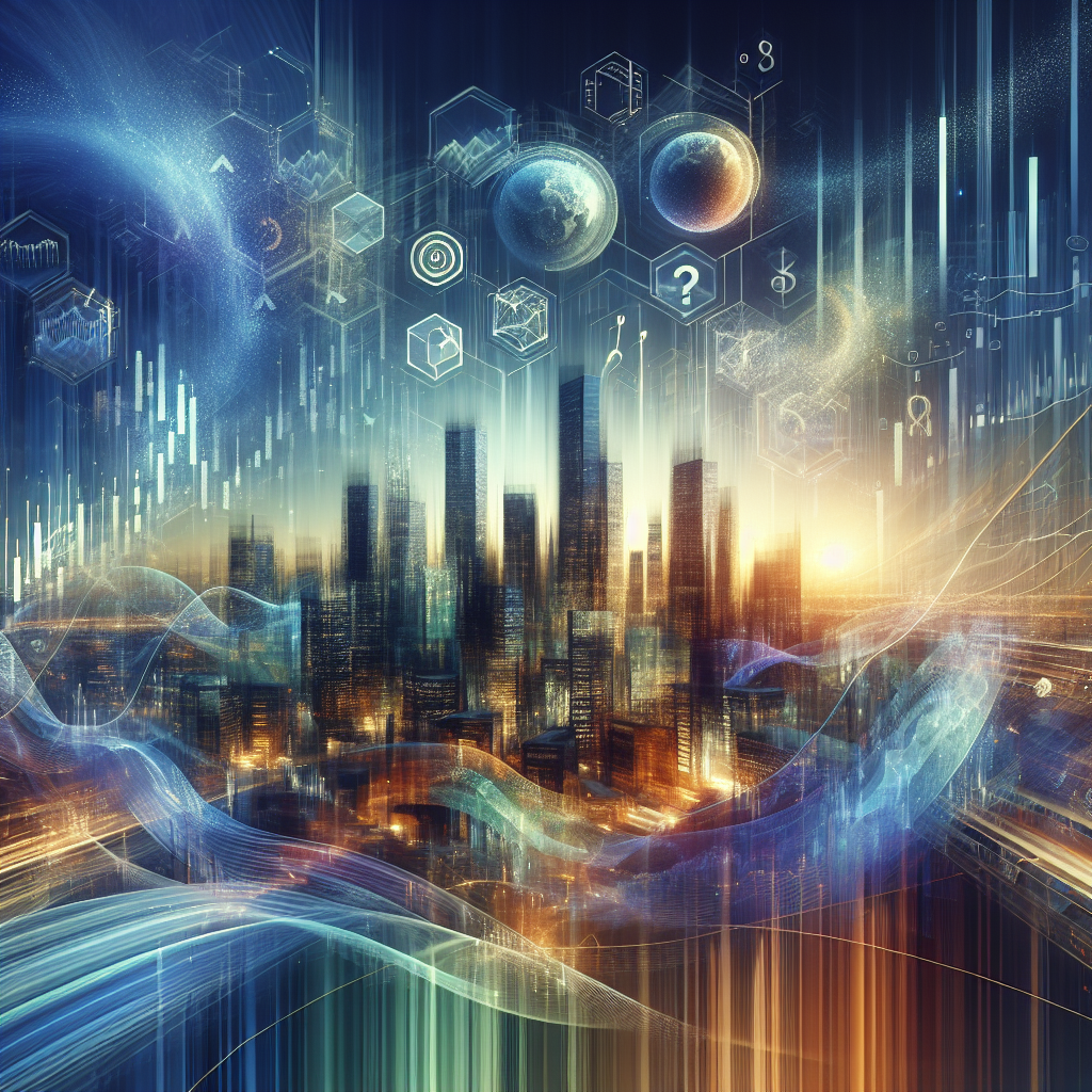 A realistic depiction of a dynamic financial landscape with abstract financial symbols and graphs.