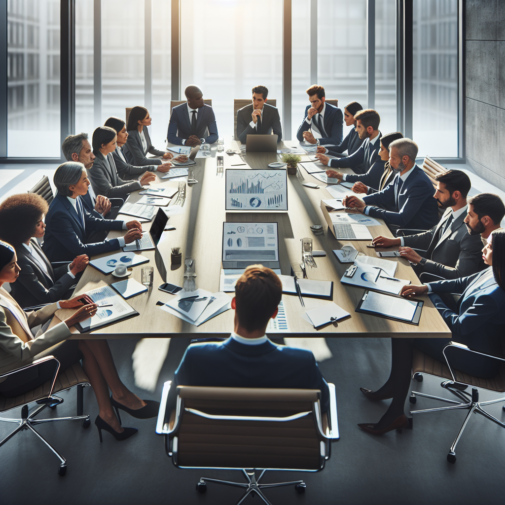 Business professionals in a boardroom engaged in a serious discussion around a table.