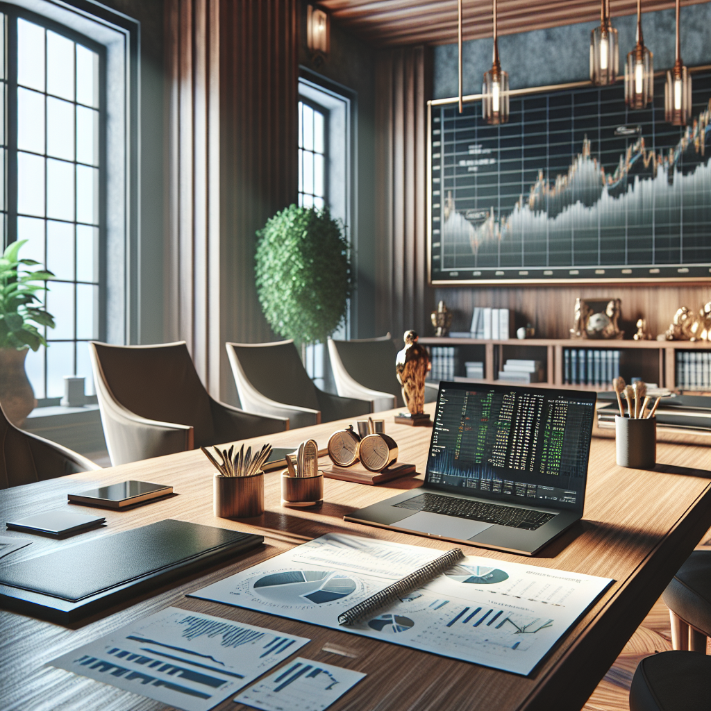 A realistic image of a financial advisor's office showcasing financial charts and a laptop.