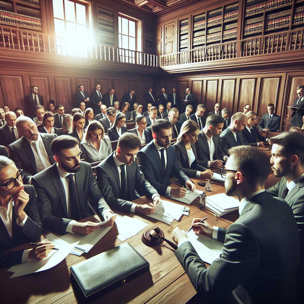 Realistic image of business people in a courtroom scene during a lawsuit.