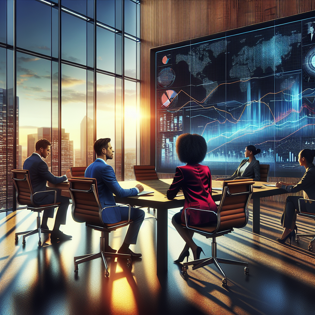 Modern office with diverse professionals discussing financial investment strategy.