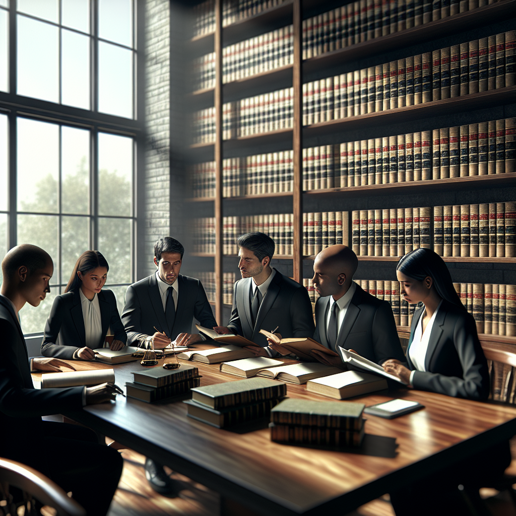 Diverse business professionals discussing legal matters in a modern office.