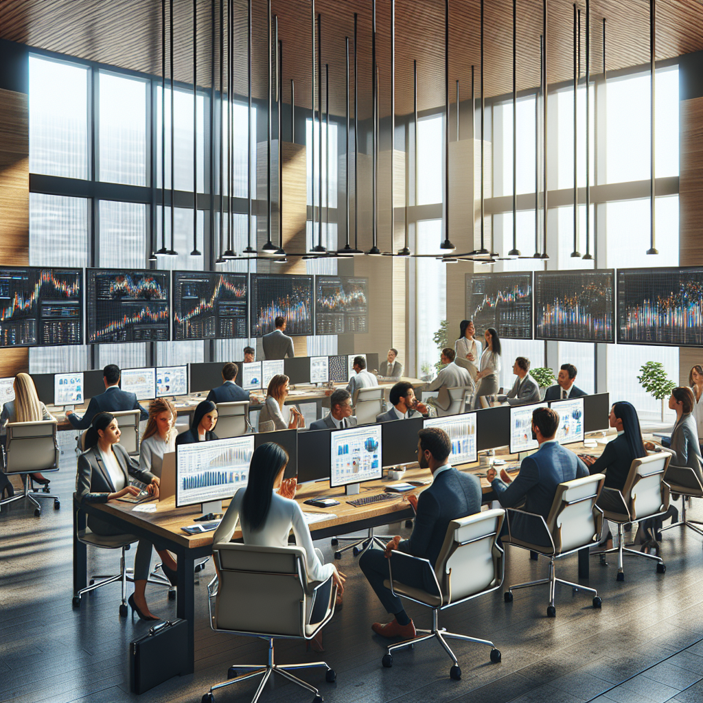A modern office with professionals discussing investment plans, computer screens displaying complex graphs, in a sleek, well-lit environment.