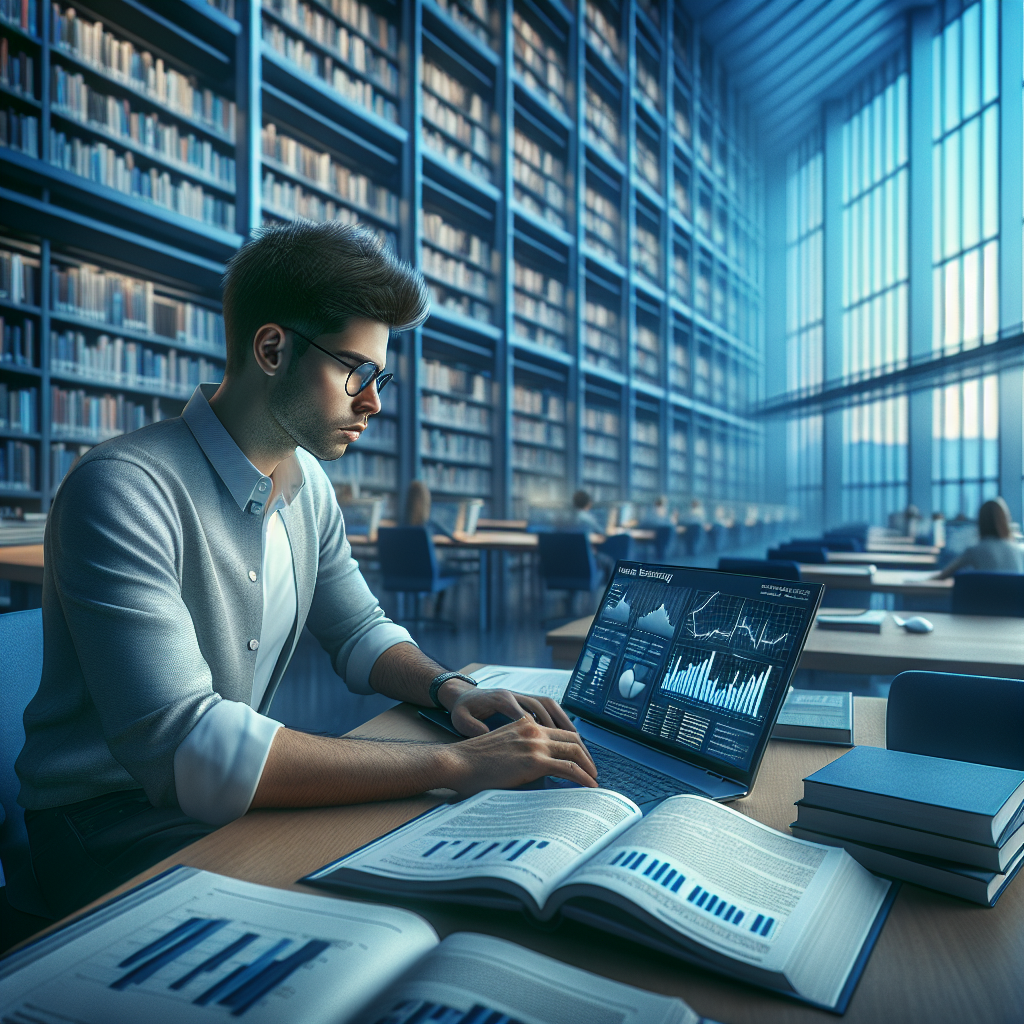 A student studying investment strategies in a university library.
