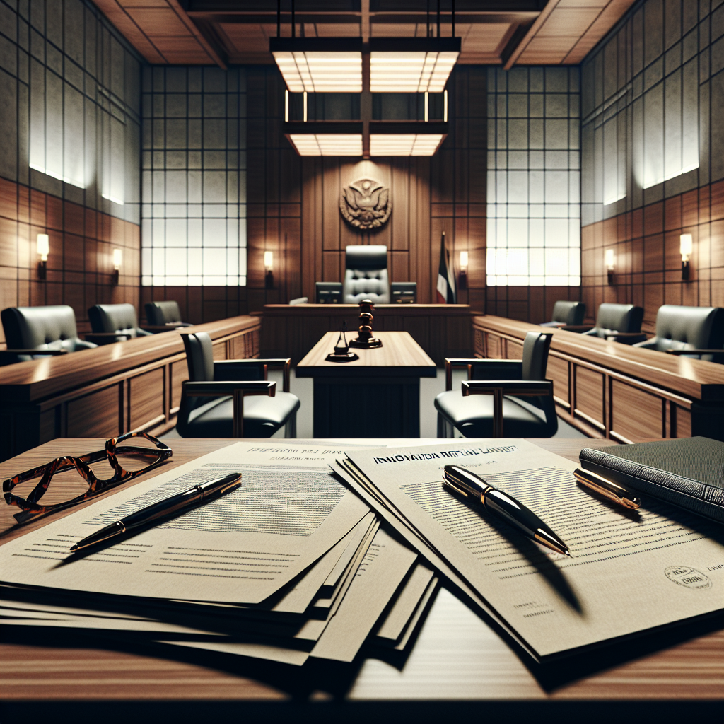 A courtroom scene with legal documents related to a lawsuit, featuring a pen and reading glasses on a table.
