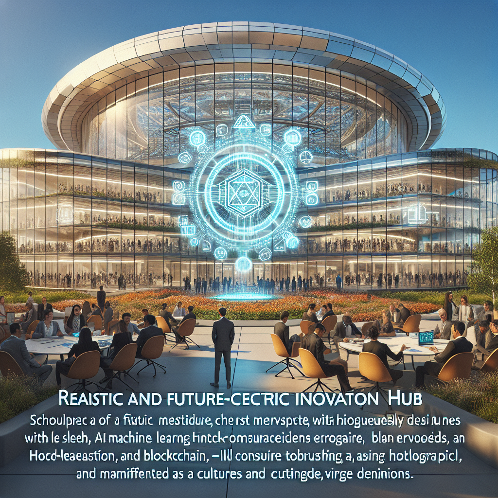 A futuristic innovation hub with modern architecture and advanced technology elements.