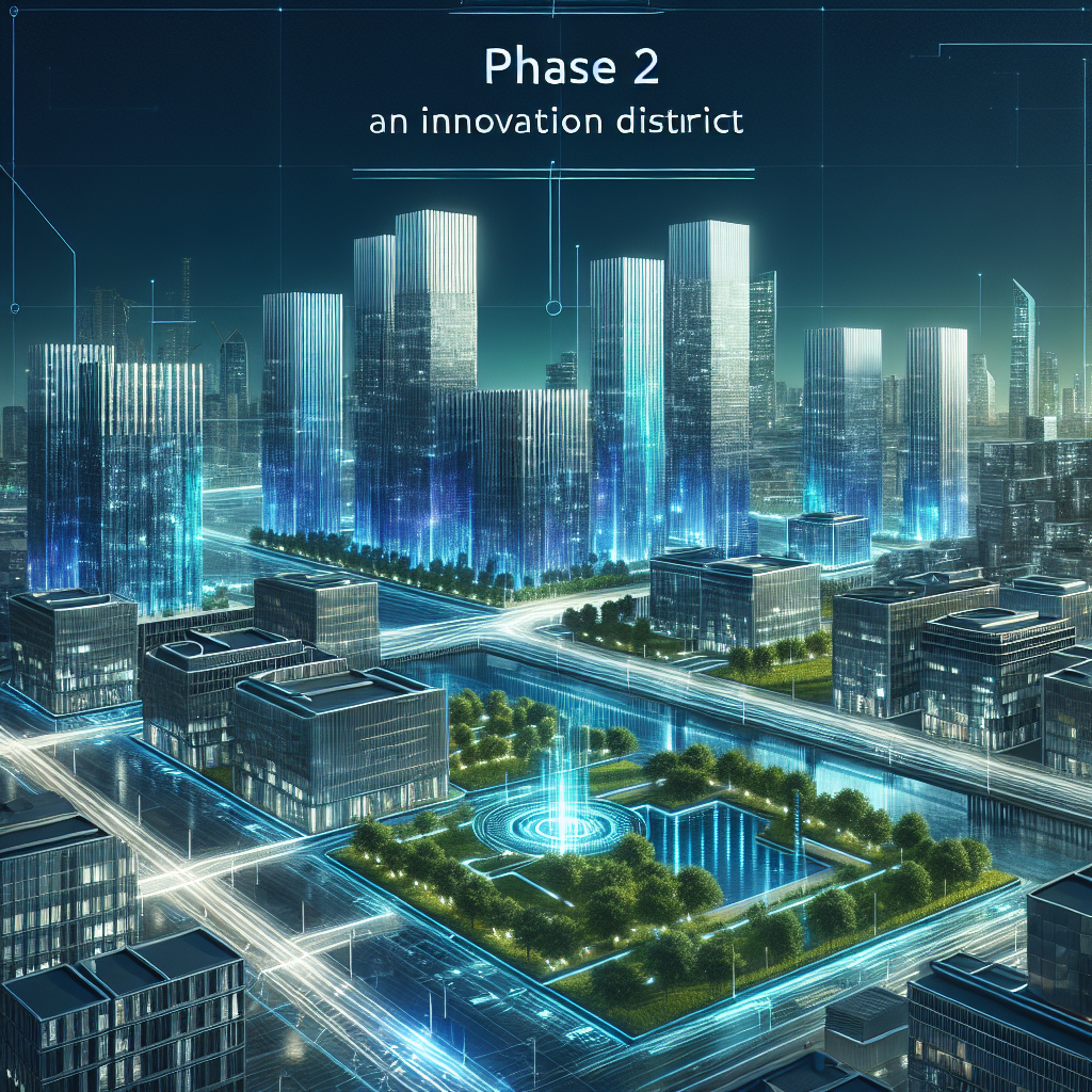 A futuristic cityscape symbolizing Innovation Quarter Phase 2 with modern architecture and eco-friendly elements.