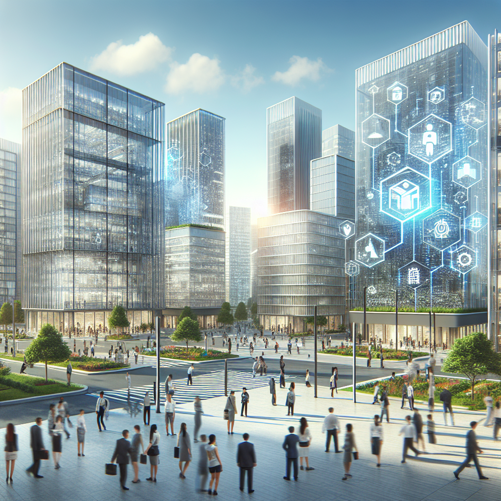 A futuristic urban landscape representing Innovation Quarter Phase 2 with high-tech buildings and diverse people engaging in technology.