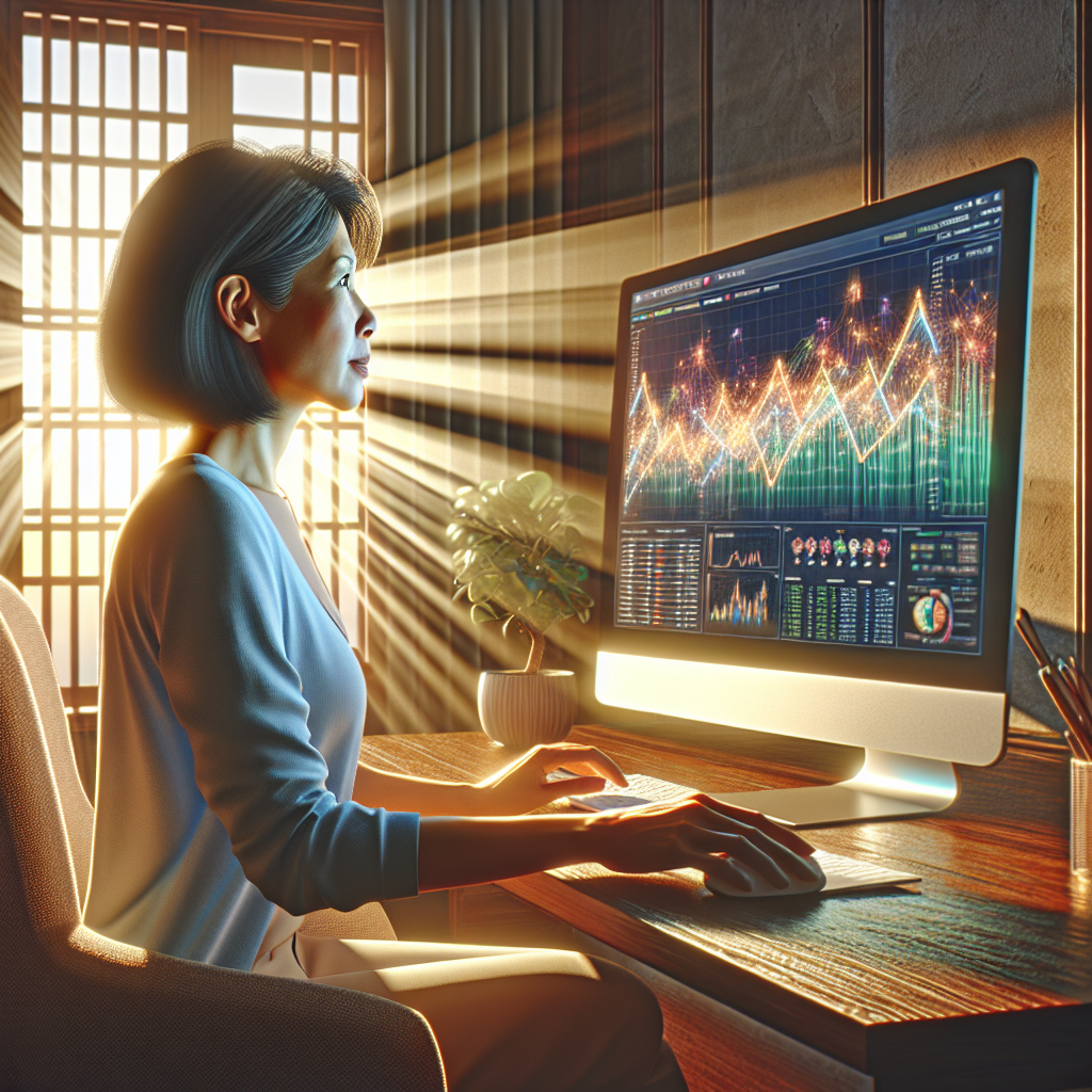 A person at a computer navigating digital financial graphs in a warm, inviting room.
