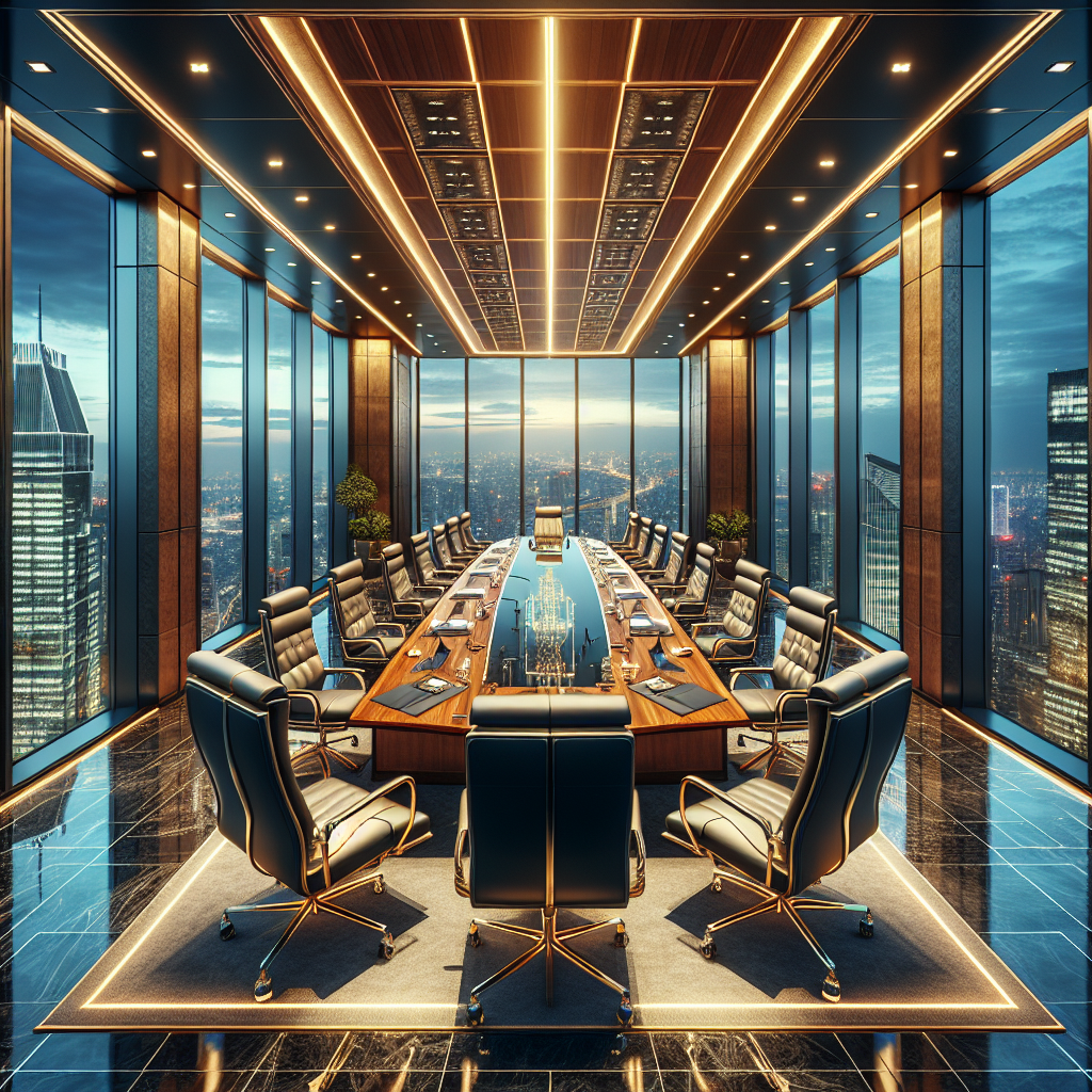 Realistic office conference room in a skyscraper with city view, conveying a high-end corporate atmosphere.