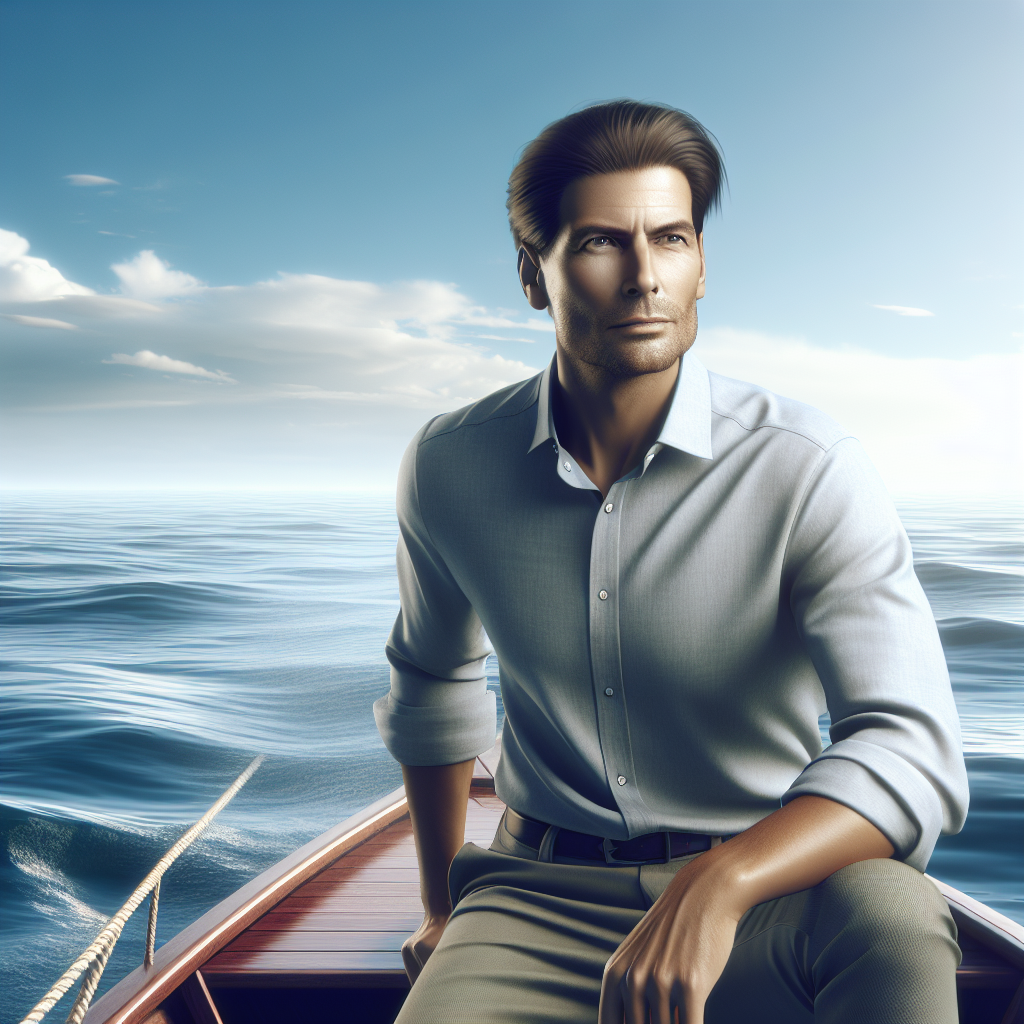 Realistic image of an explorer sailing in a serene ocean, symbolizing financial literacy journey.