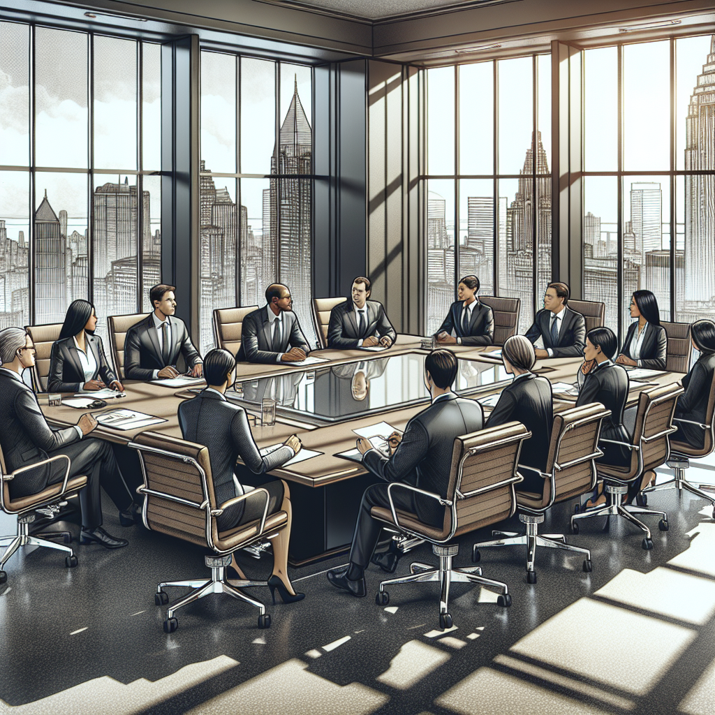 A realistic depiction of Goldman Sachs' corporate office environment with finance professionals in a meeting.