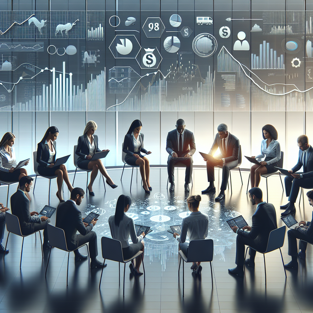 A depiction of diverse investors analyzing financial strategies using symbolic financial icons in a modern office setting.