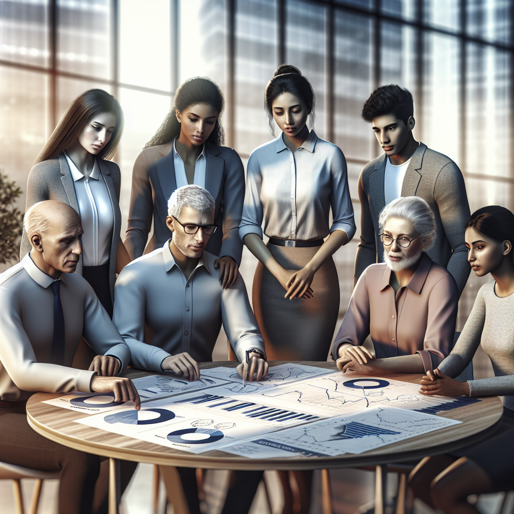 A diverse group discussing investment strategies in a modern office.