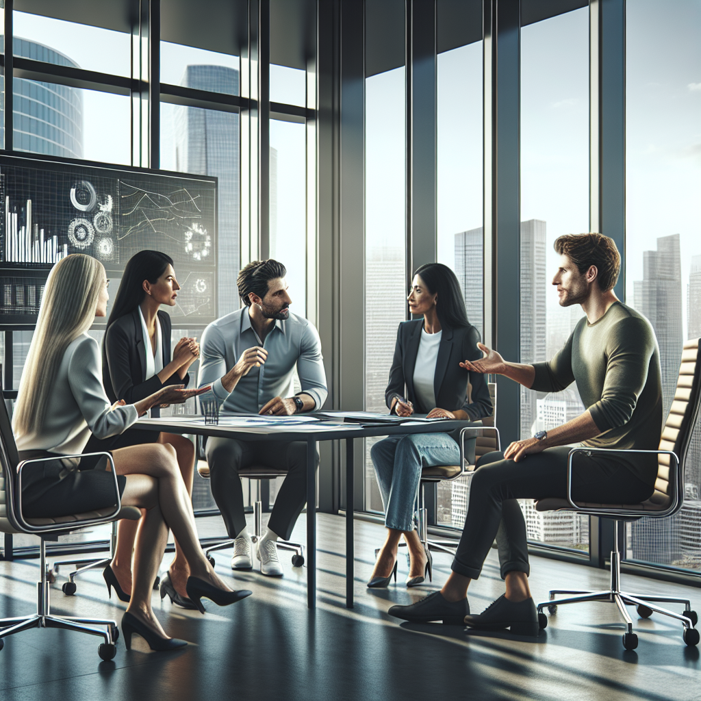 Diverse group of businesspeople discussing strategy in a modern office, symbolizing Zurich's financial model.