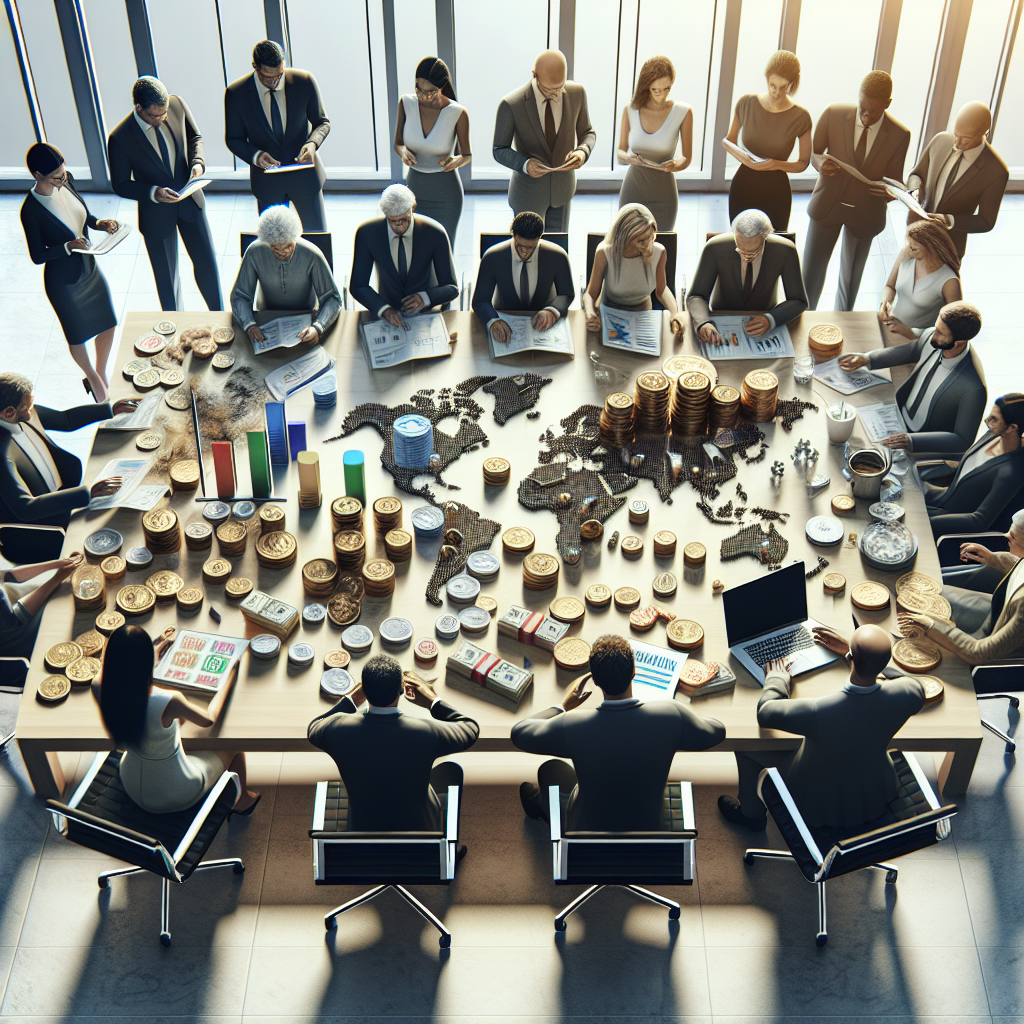 A realistic image of diverse people engaging with various investment elements like coins, graphs, and bonds in an office setting.