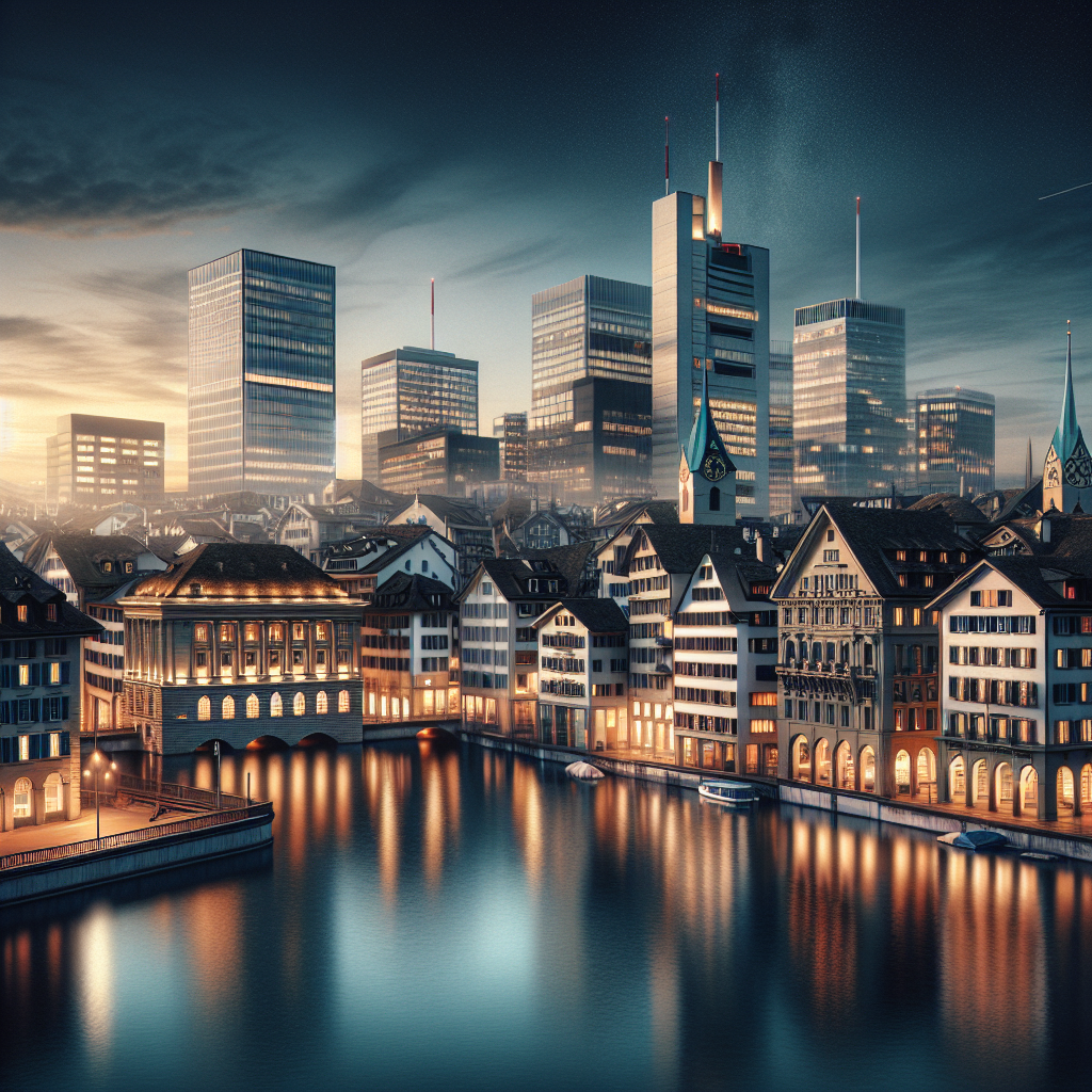 Zurich cityscape at dawn, symbolizing financial stability and innovation.