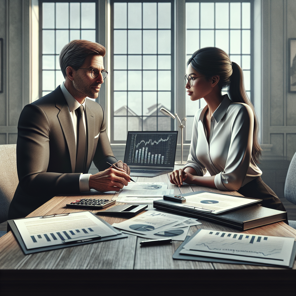A financial advisor and an investor discussing an investment portfolio at an office desk.