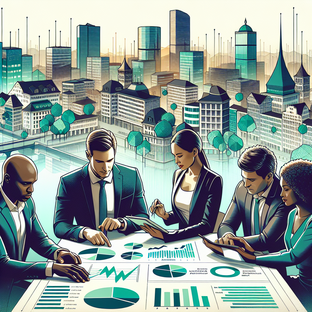 An illustration of Zurich's investment strategy with investors, Zurich skyline, and digital graphs.