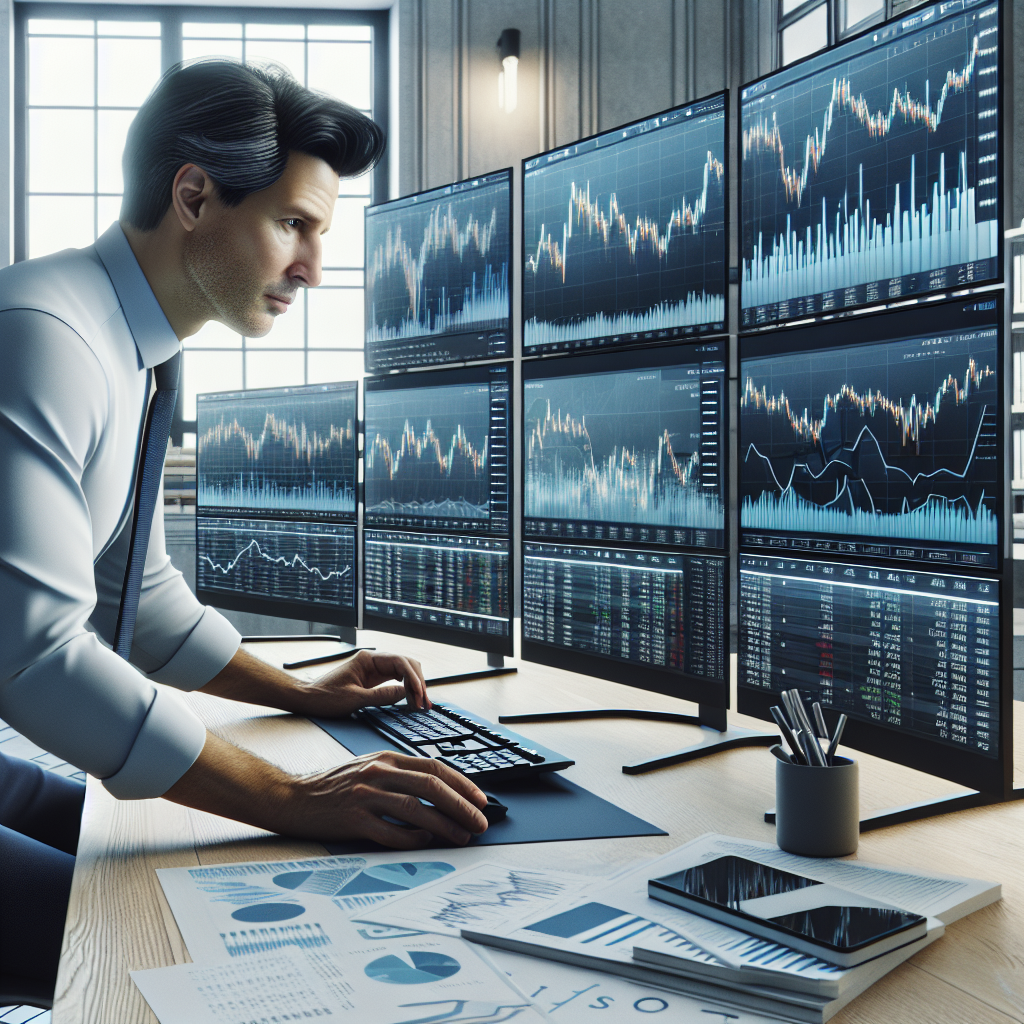 An individual investor analyzing financial data on multiple screens in a modern office setting.