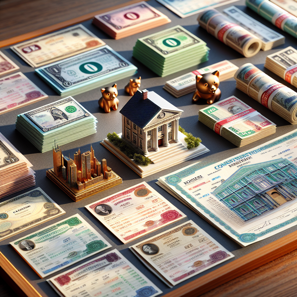 A realistic depiction of a diversified investment portfolio table with stock certificates, bonds, property model, and cash.