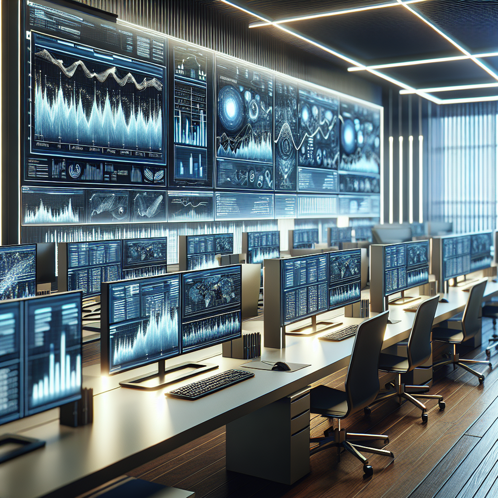 A modern financial workspace with high-tech computers displaying complex data, representing JP Morgan's quantitative strategies.