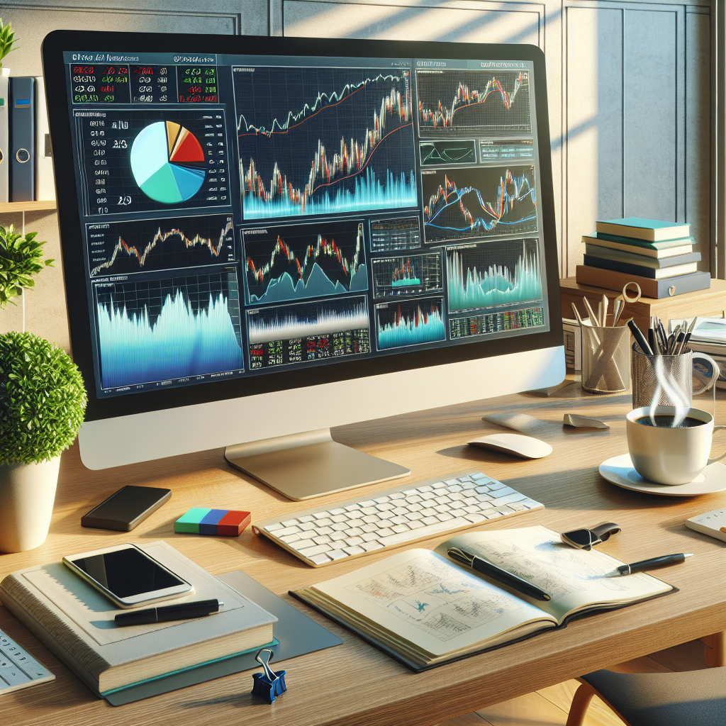 A home office setup with computer displaying stock market data and various assets.