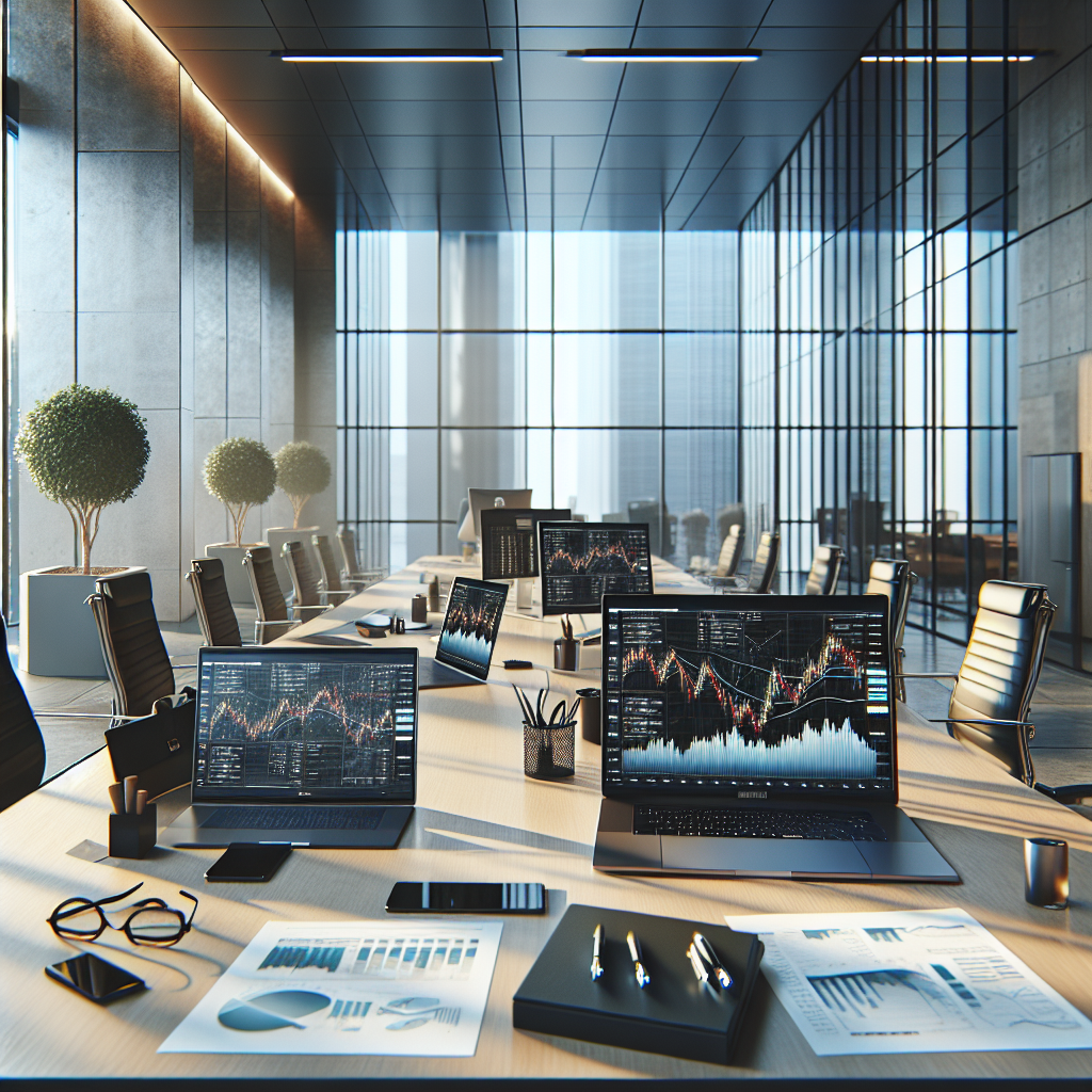 A financial analyst's high-tech workspace with data visuals.