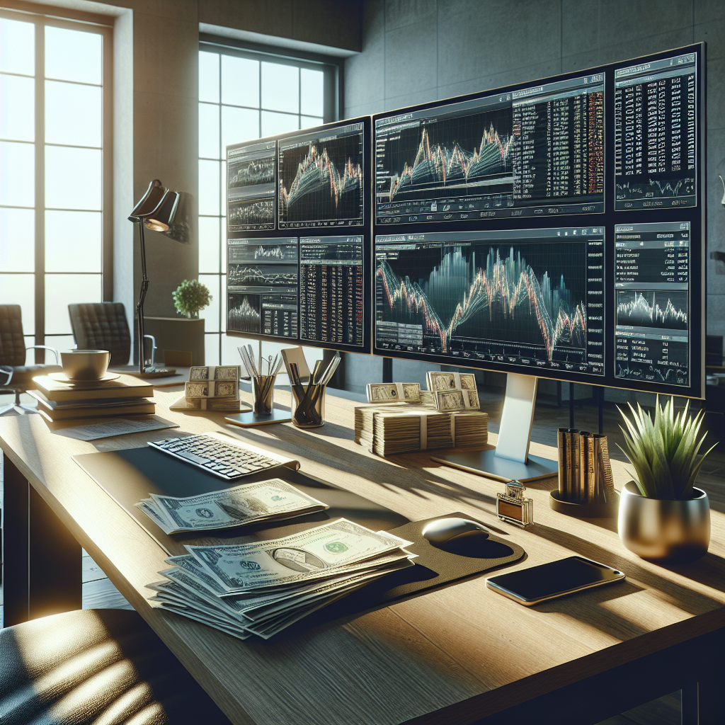 A realistic office workspace with financial charts on screens, symbolizing diversified SMSF investment strategies.