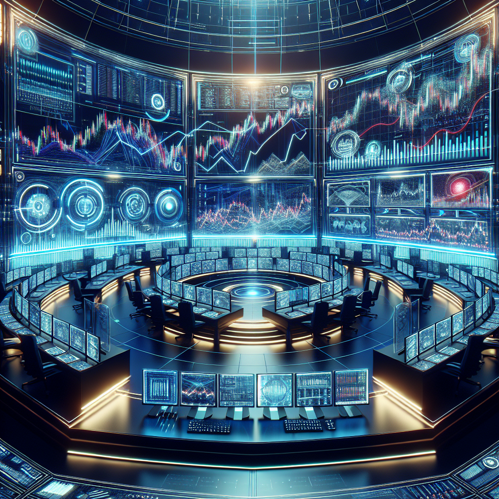 A futuristic financial trading floor symbolizing quantitative strategies.