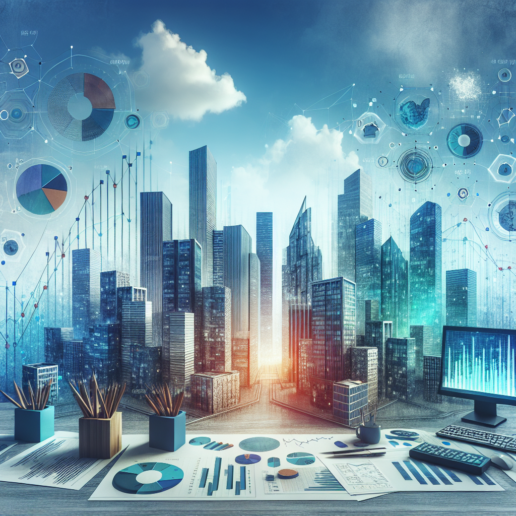 A financial landscape with a city skyline, financial documents, and laptop, symbolizing investment policies.